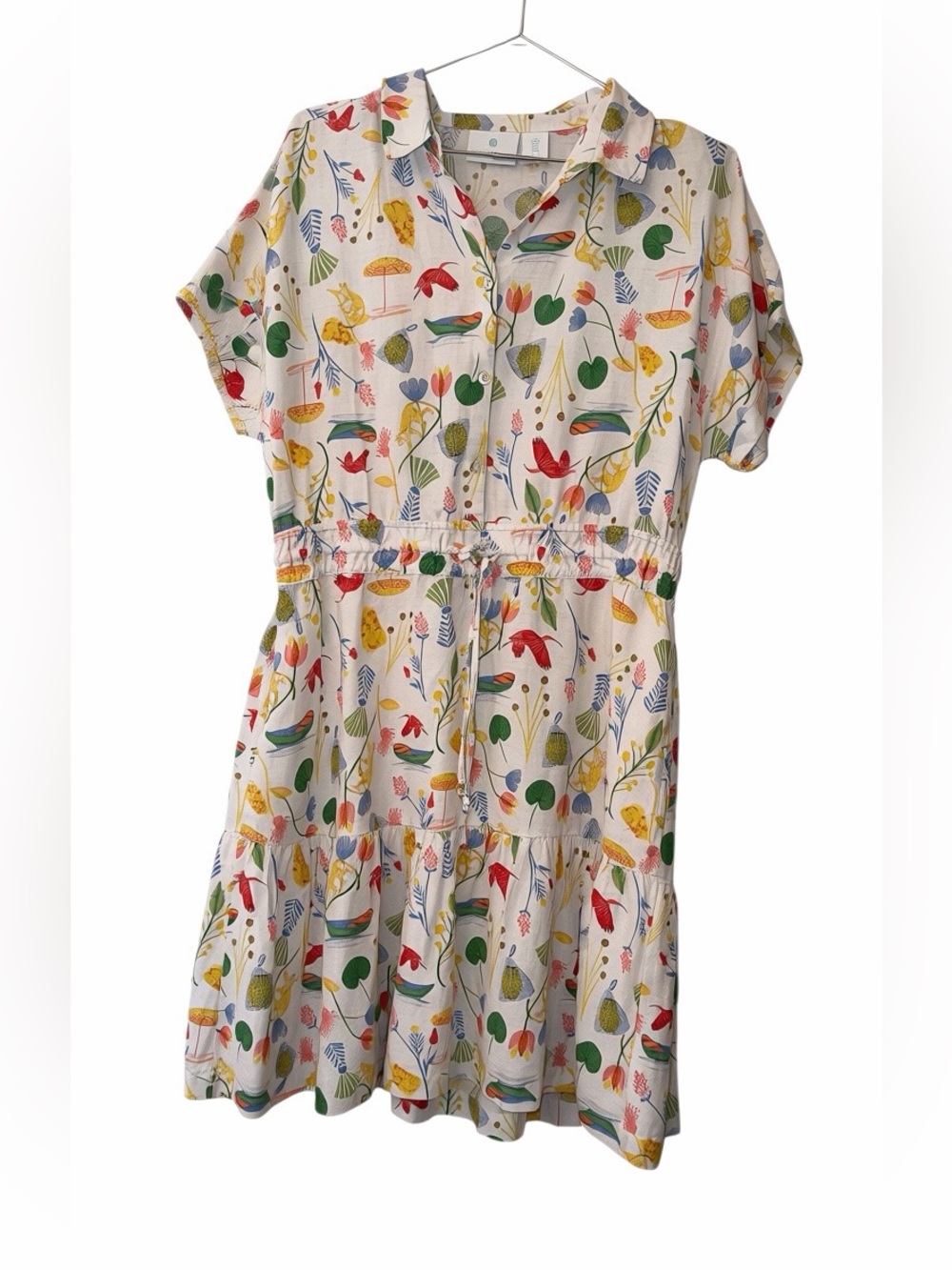 Cynthia Rowley White Floral Botanical Print Midi pocket Dress linen blend sz LG